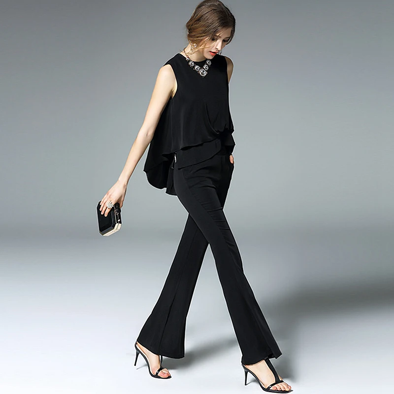 

Suits Women Two Pieces Set Layered Design Top+Pants O Neck Sleeveless Irregular Hem Flare Pants 2 Colors Ladies New Fashion 2018