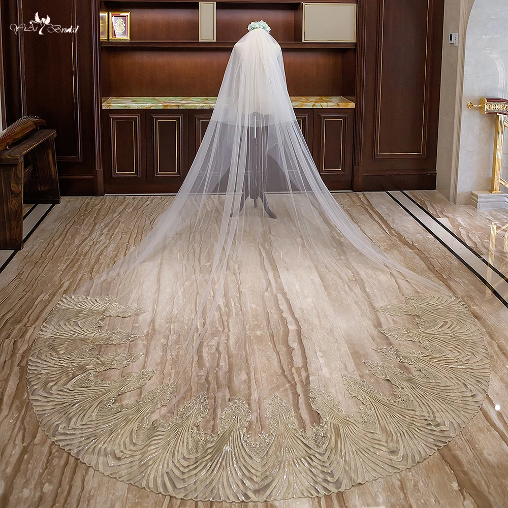 

LZP323 Real Picture Bridal Accessories Wedding Veil Gold Wavy Pattern Applique Bridal Veil 3 Meters Cathedral Wedding Veil