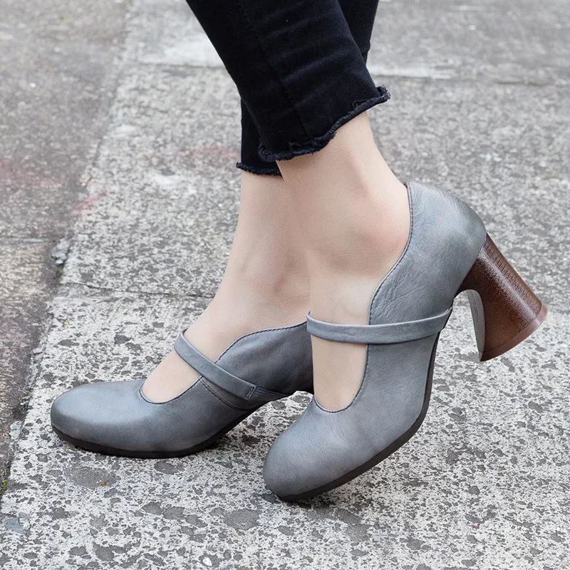 

Women Leather Pumps Gray 7 CM High Heels Ankle Strap Shoes Mary Jane Pumps Women Handmade Genuine Leather Ladies Heels Shoe 2019