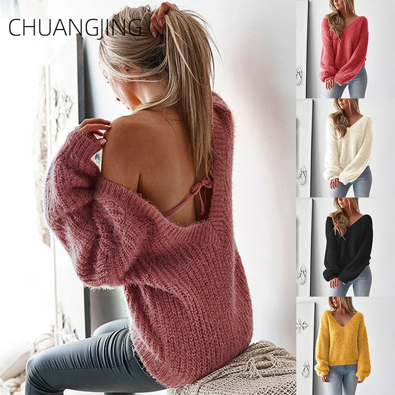 

Casual Knitted Sweater Women 2019 Cotton V-neck Solid Loose Long Sleeve Backless Sweater Winter Ladies Sexy Streetwear Sweater