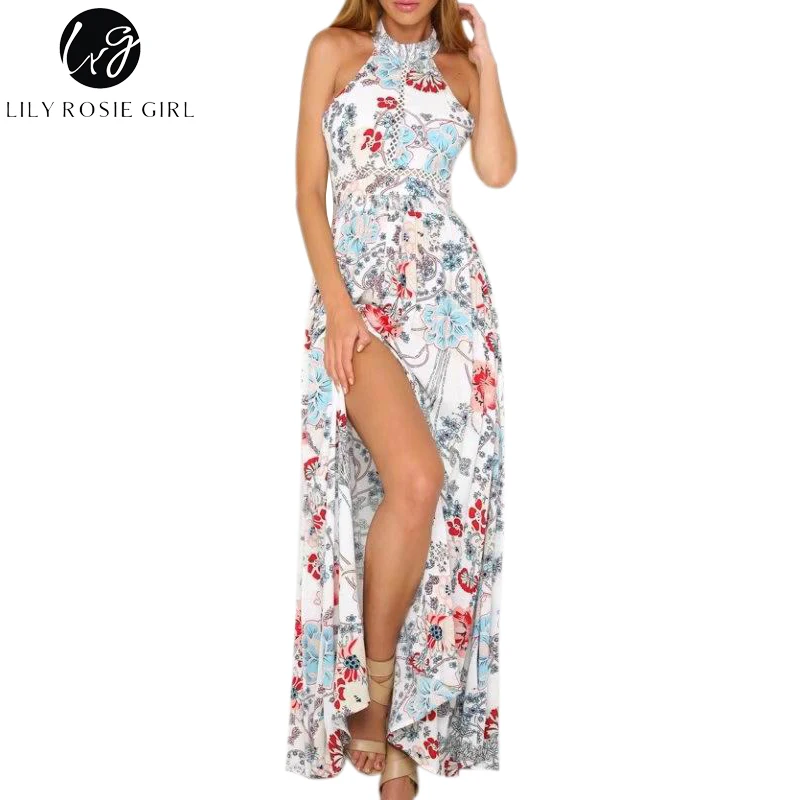 

Lily Rosie Girl Off Shoulder White Boho Floral Print Split Dress Women Summer Beach Sexy Backless Bow Maxi Long Dresses Vestidos