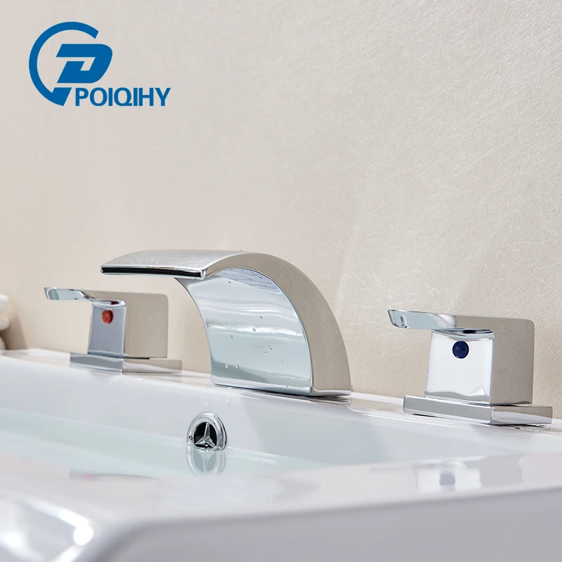 

POIQIHY Waterfall Basin Faucet Widespread Tub Sink Mixer Taps Chrome Washing Basin Mixer Tap Dual Handle Hot Cold Tap