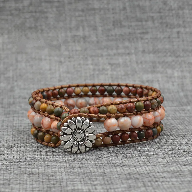 

Bohemia Hand-woven Wrap Bracelet Multilayer Natural Stone Bracelet Sun Flower Beaded Bracelet For Women Accessories Wholesale