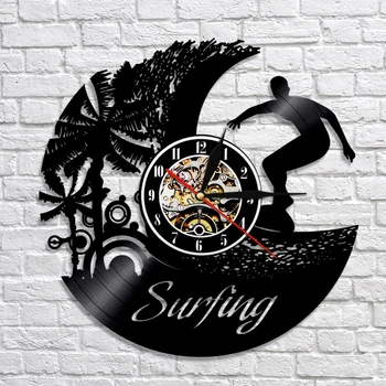 

Surfing Vinyl Record Wall Clock Modern Surfing Wall Art Decor LP Time Clock Handmade Craft Gift For Surfing Lover Surfer