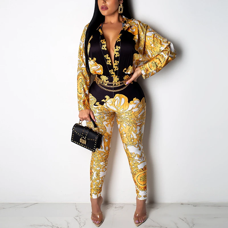 

Women Turn Down Collar Long Sleeve Shirts Jumpsuit Vintage Printed Bodycon Rompers Womens Jumpsuit Streetwear Overalls for Woman