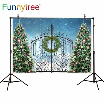 

Funnytree backdrop for photographic studio Christmas tree wreath vintage iron gate winter snow background photobooth photocall
