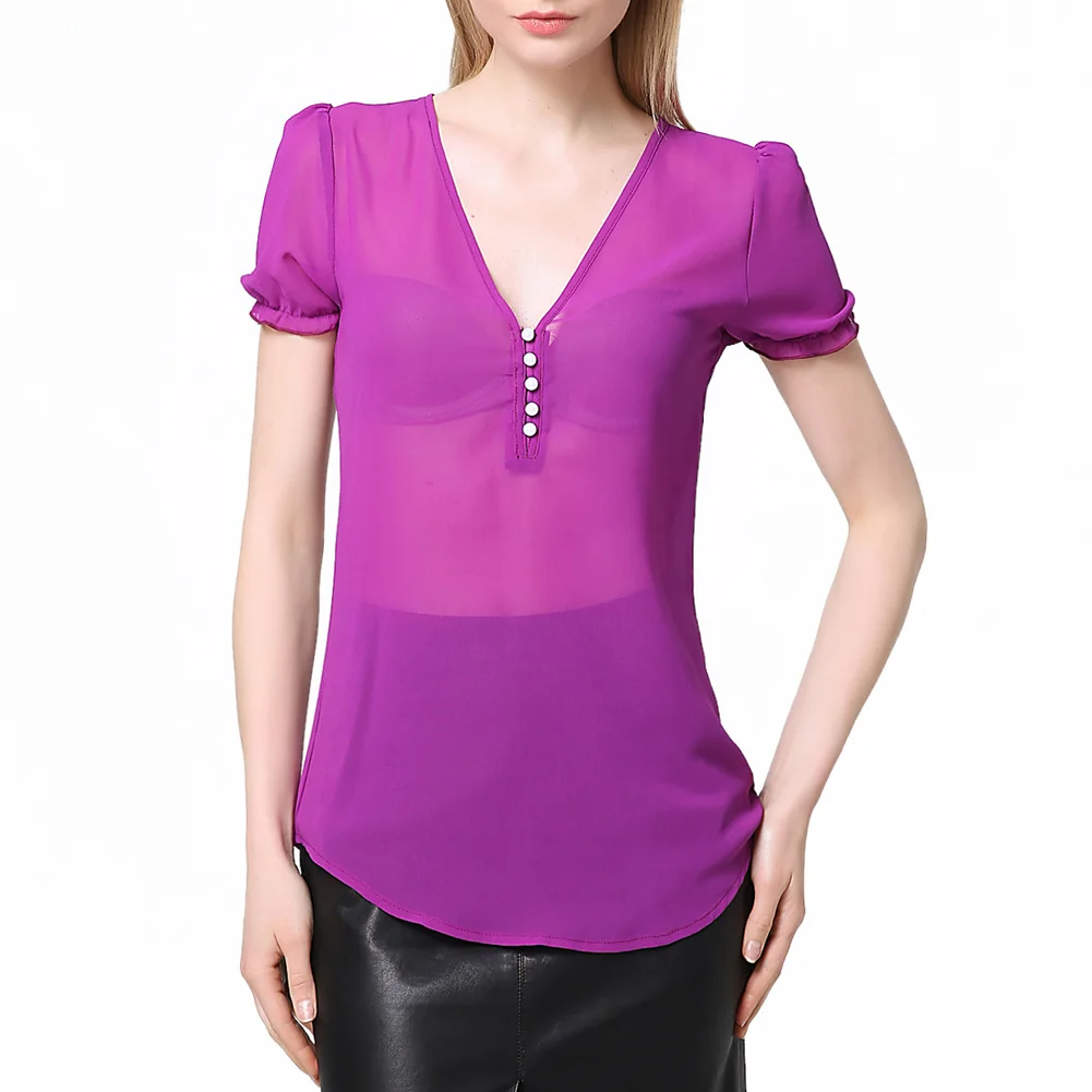 Sheer Chiffon Shirt Women Blouse Deep V Neck Button Front Women Tops