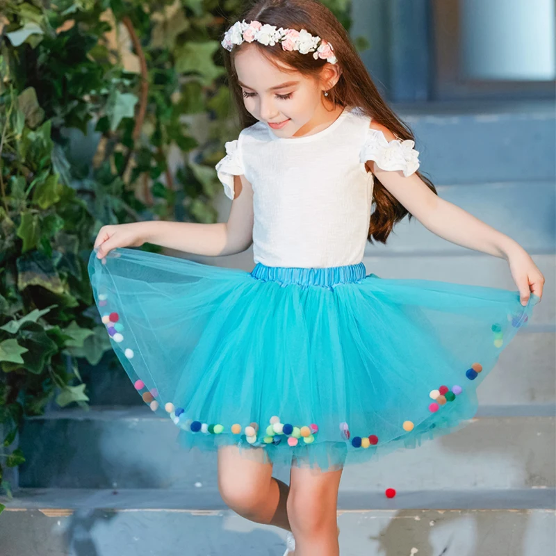 B&N Soft Chiffon Elastic Waist Girl Princess Pettiskirts Children Dance Solid Tutu Skirts Coloful Pompom Tulle Skirts For 2-8T21