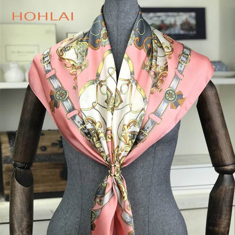 

2018 Luxury Brand Women Silk Scarfs 90*90cm, Female European Style Print Chain Square Scarves/Spring Summer Shawls For Ladies
