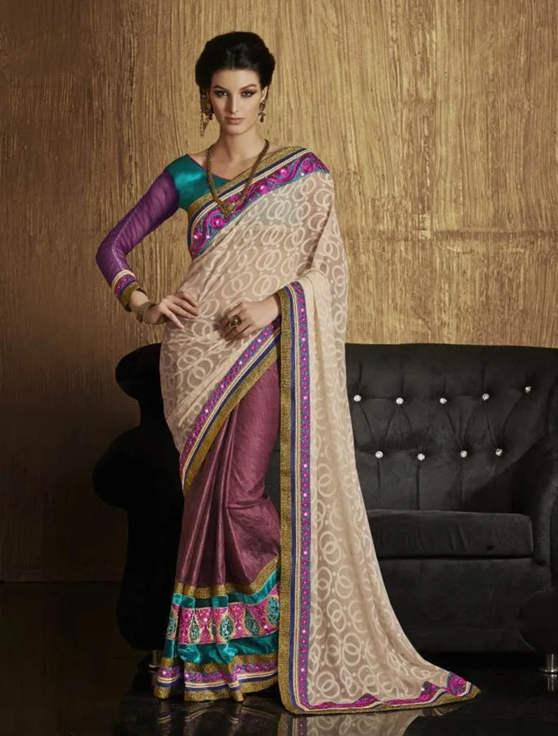 Magenta And Beige Georgette Party Indian Saree Traditional Indian 