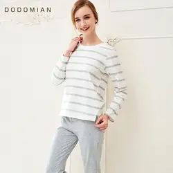Сделать МИАН домашние пижамы наборы хлопка в полоску длинный рукав пижамы О-образным вырезом Для женщин пижамный комплект ропа интерьер