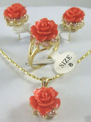 

hot sell New tibet Rose coral flower Pendant Earring Ring set