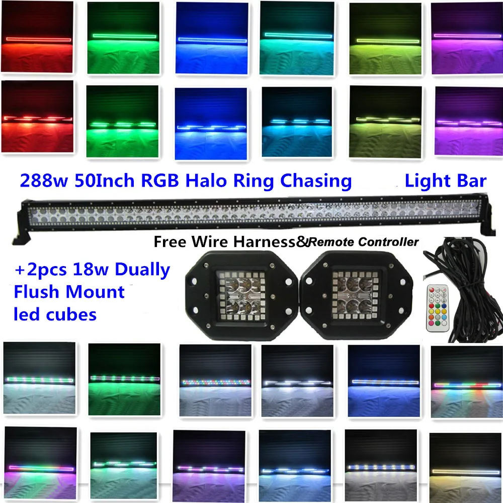 Honzdda 50" 288W Off Road Light Bar RGB Halo Ring Chasing Led light Bar