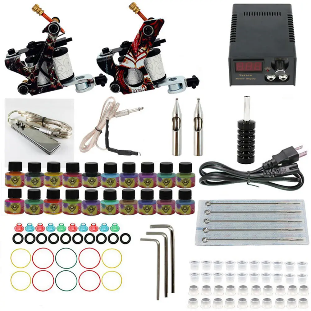 

Complete Tattoo Machine Kit Set Coils Black Pigment Sets Power Tattoo Beginner Grips Kits Permanent Tools YF2017