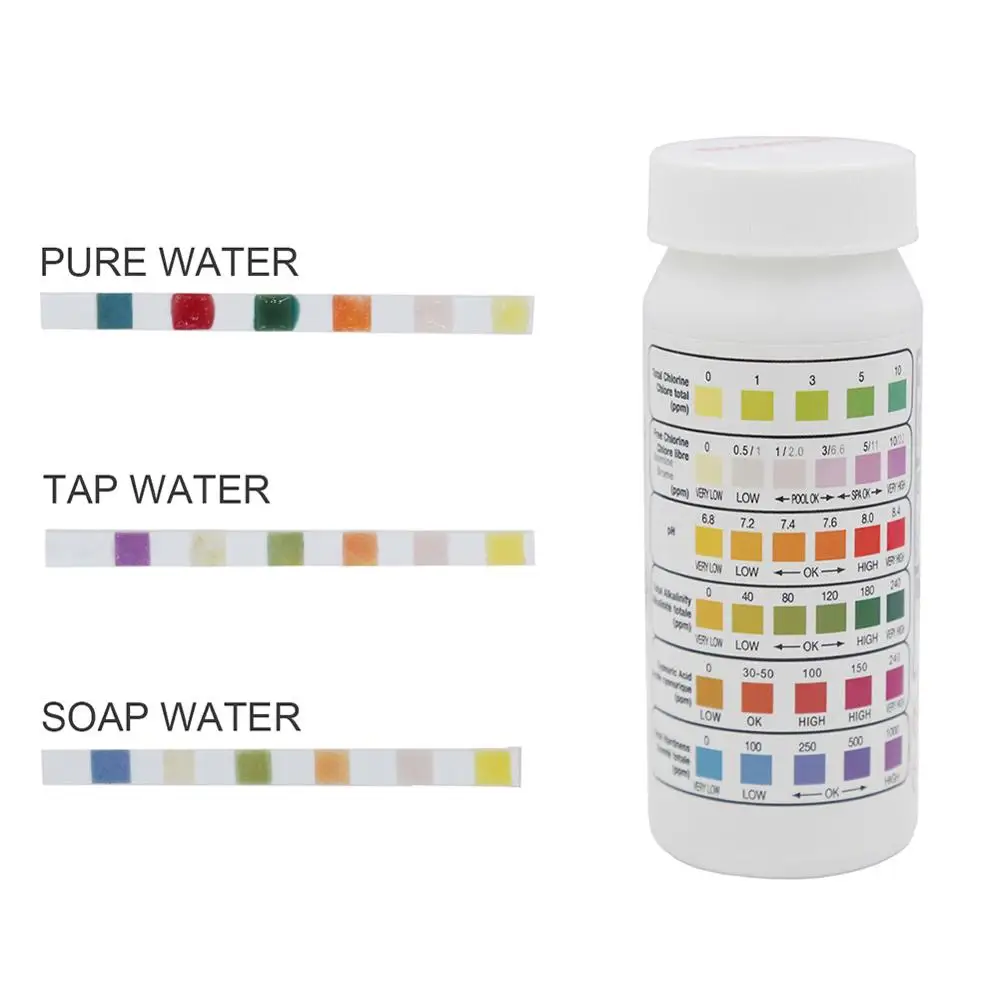 

50pcs/set 6 in 1 ph Test Strips hardness free chlorine alkalinity cyanuric acid monitoring tester paper for pool water testing