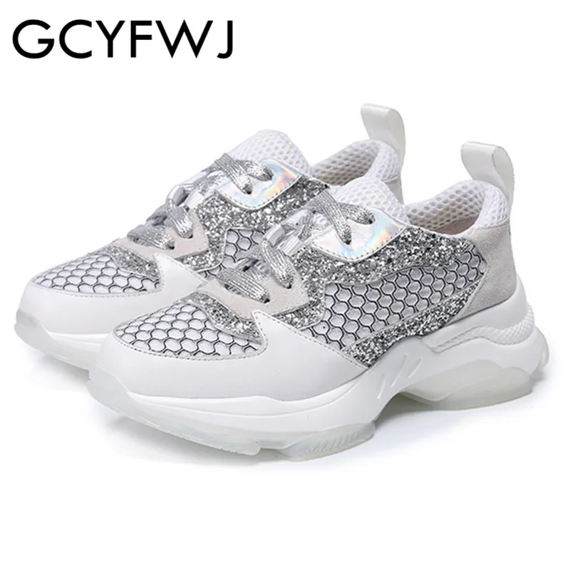 

GCYFWJ 2019 Spring Breathable Mesh Sneakers Leather Sequins Platform Sneakers Lace-Up Women's Shoes Fashion Four Seasons Shoes