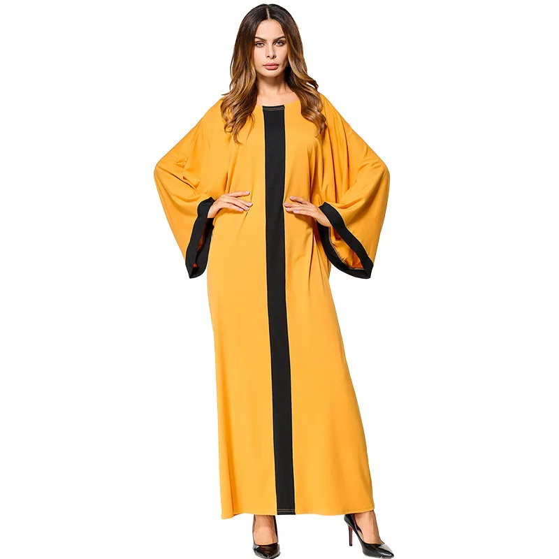 

Women Yellow Muslim Dress O Neck Batwing Sleeve Abaya Dress Robe Arabe Musulmane Plus Size Kaftans Turkey Clothing