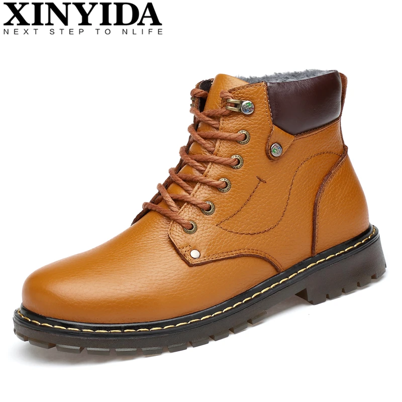 

High Quality Genuine Leather Men Snow Boots Lace Up Warm Plush Winter Boots Ankle Botas Fashion Men Martin Boots Plus Size 38-48