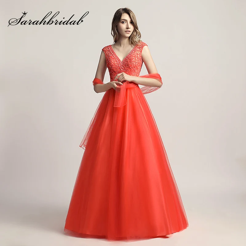

New Arrival In Stock Coral V-Neck Ball Gown Evening Dresses 2017 with Beading Crystal Tulle Open Back Prom Party Gown LX426