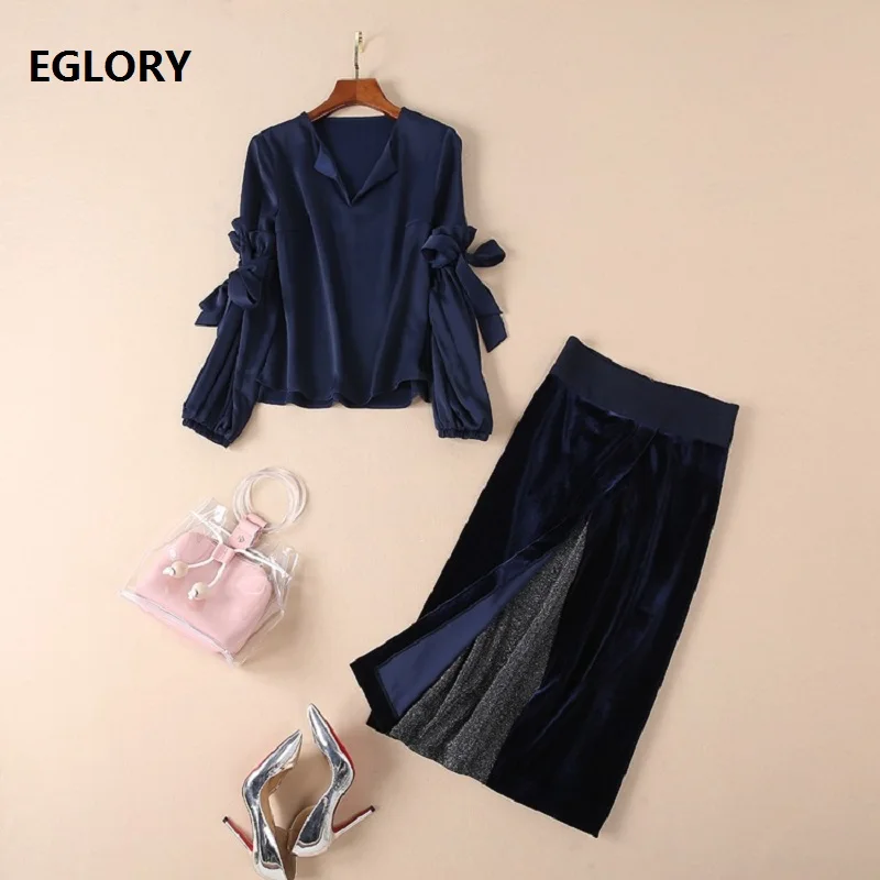 

New 2018 Autumn Winter Fashion Clothing Sets Women Lantern Sleeve Solid Tops Blouse+Sequined Mesh Patchwork Velvet Skirt Suit