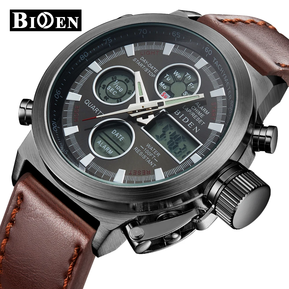 

BIDEN Mens Watches Chronograph Military Sport Man Wristwatch Luxury Leather Quartz Watch Men erkek saat Relogio Masculino