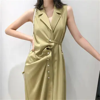 

Fashion casual dress summer new high quality champagne sleeveless satin temperament Victoria French vintage dress women