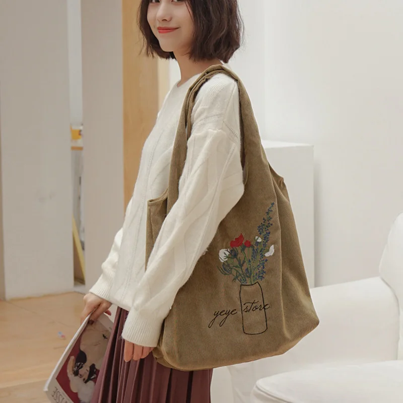 

Women Shoulder Bag Corduroy Embroidery Large Capacity for Mobile Phone Travel MUG88