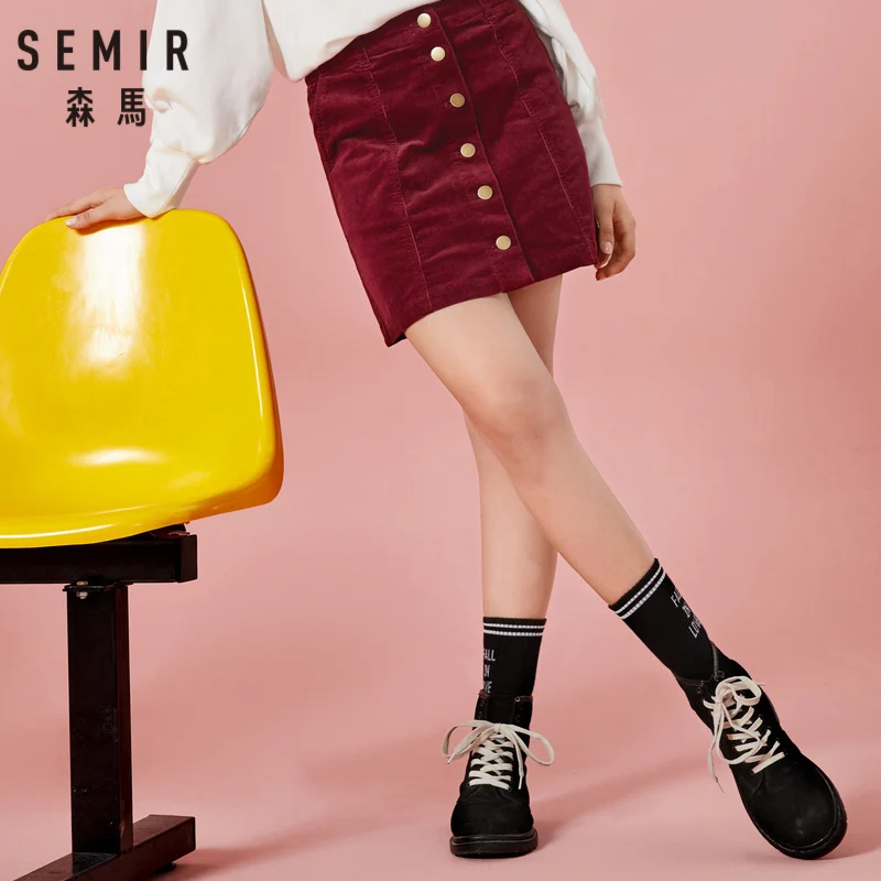 Tanie SEMIR damska krótka spódnica sztruksowa o wysokiej talii sztruksowa spódnica z przodu zapinana na guzik w elegancki styl na jesienno zimową