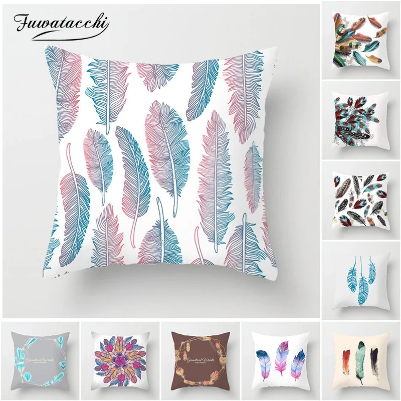 

Fuwatacchi Multicolour Feather Cushion Cover Bright Print Pillow Case Stripe Home Bedroom Sofa Cushion Decor Polyester Covers