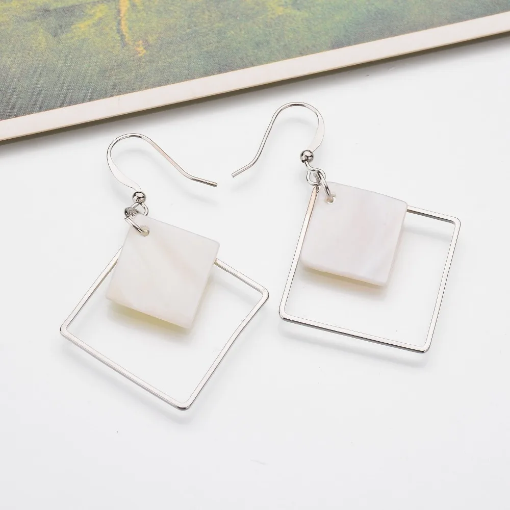 

2018 New Minimalist Brief Cool Style Silver Plated Alloy Square White Shell Dangle Fashion Earrings For Women Jewelry Brincos