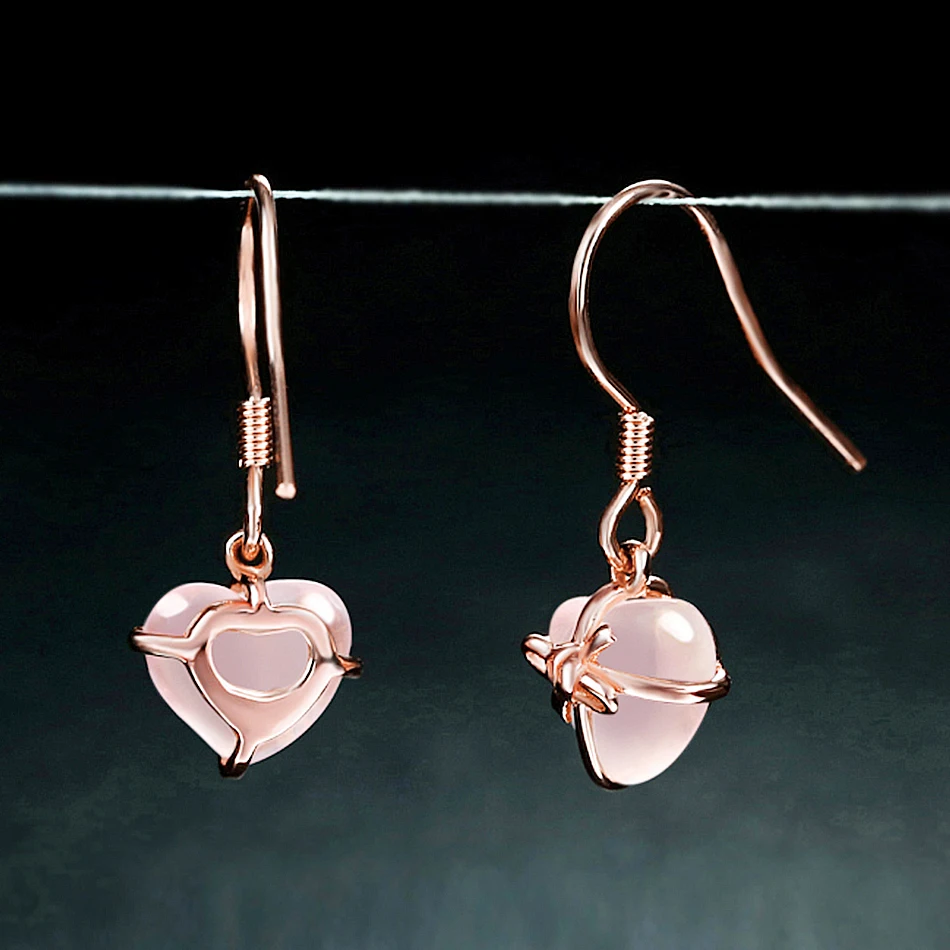 ALLNOEL Heart Rose Quartz Women's Earrings  925 Sterling Silver Gold Plated Drop Earring Natural Gemstone Fine Jewelry For Girl  (9)