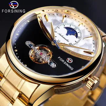 Forsining 2019 Mens Automatic Wrist Watch Royal Golden Sun Moon Self-Wind Skeleton Stainless Steel Band Mechanical Relogio Clock ik colouring mens orologio uomo automatic wristwatch skeleton steampunk wrist watch stainless steel band male clock montre homme