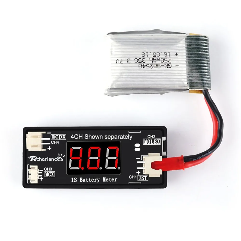 

RC 1S LiPo Battery Voltage Checker Tester Meter for RC Drone Quadcopter Battery Supporting JST MCX PH 2.0,Micro Losi Cable