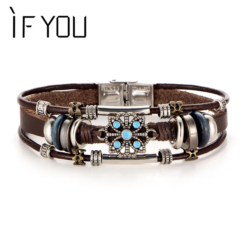 

IF YOU 1PC Brown Multilayer Leather Bracelet Jewelry Vintage Flower Beads Bracelets & Bangles For Women Drop Shipping Wholesale