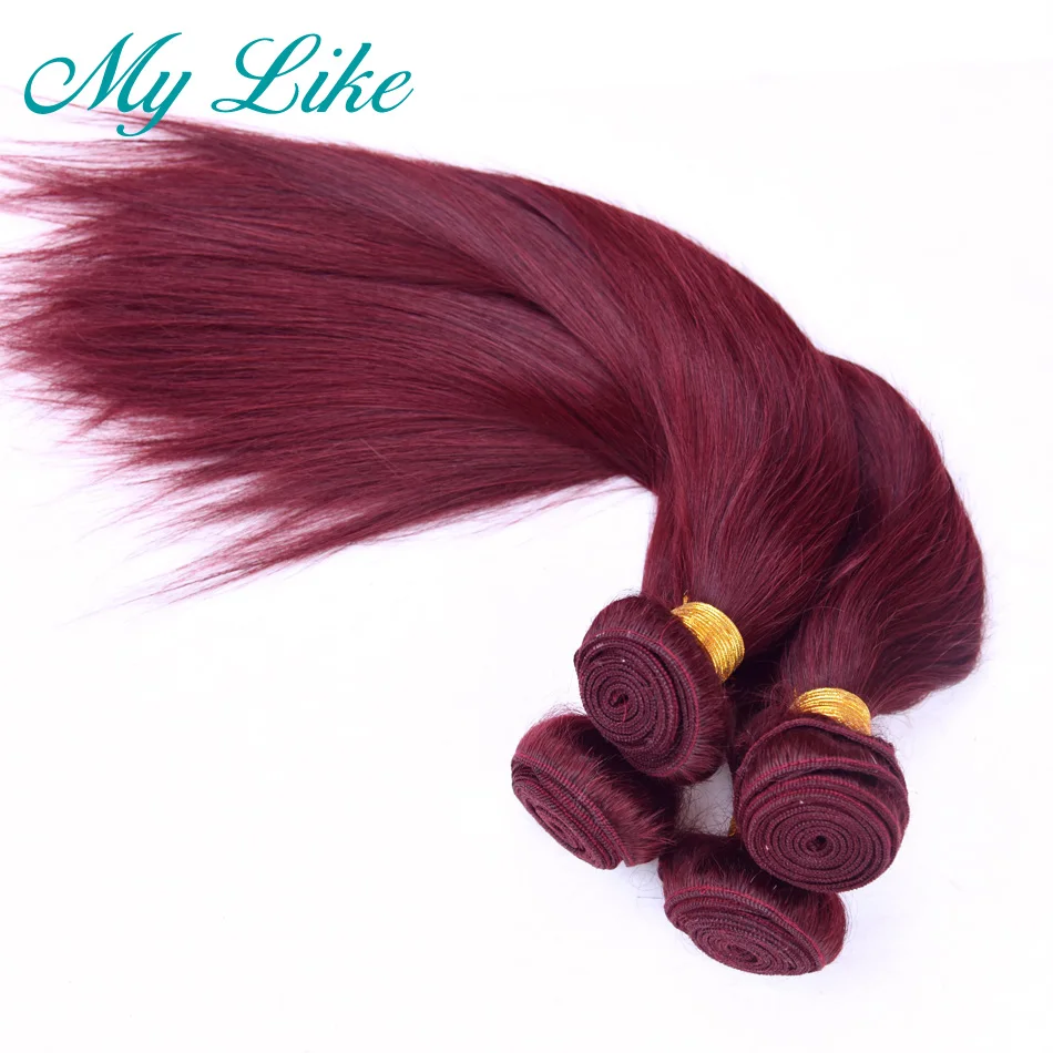 My Like Pre-colored Peruvian Hair 4 Bundles 99j Burgundy Non-remy Human Hair Extensions Wine Red Straight Hair Weave Bundles