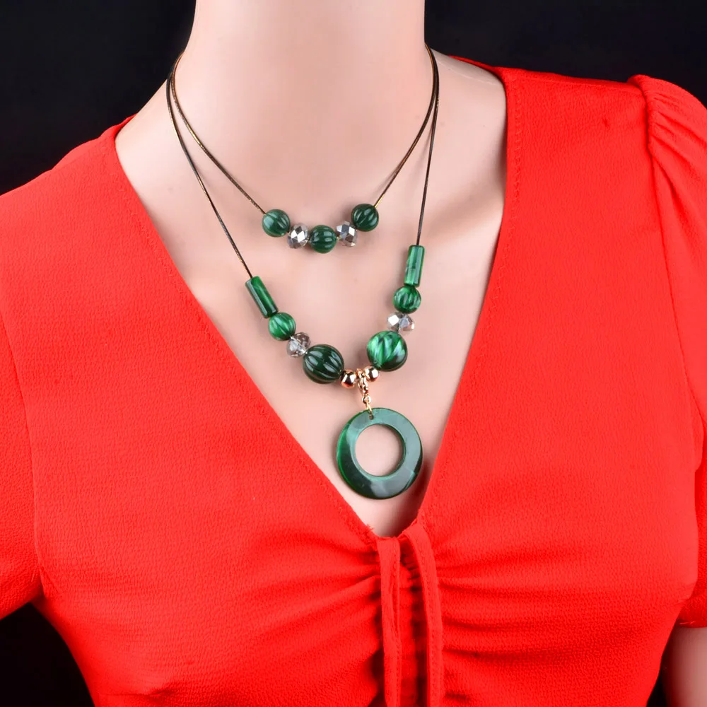 

SINLEERY Boho 2 Layer Round Bead Acrylic Pendant Necklace Gold Color Chain Green Red Pink Gray Choker Women Jewelry XL653 SSB