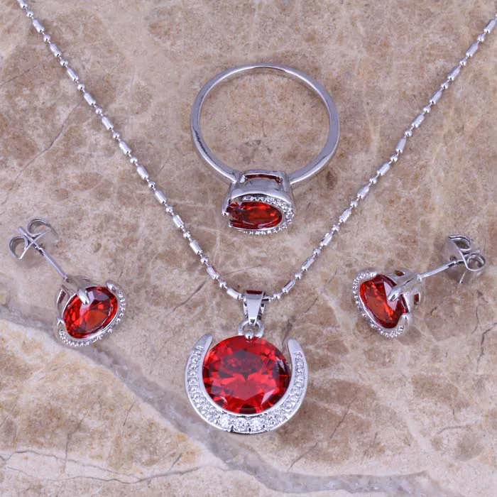 

Red Garnet Silver Jewelry Sets Earrings Pendant Ring For Women Size 5 / 6 / 7 / 8 / 9 / 10 S0076A