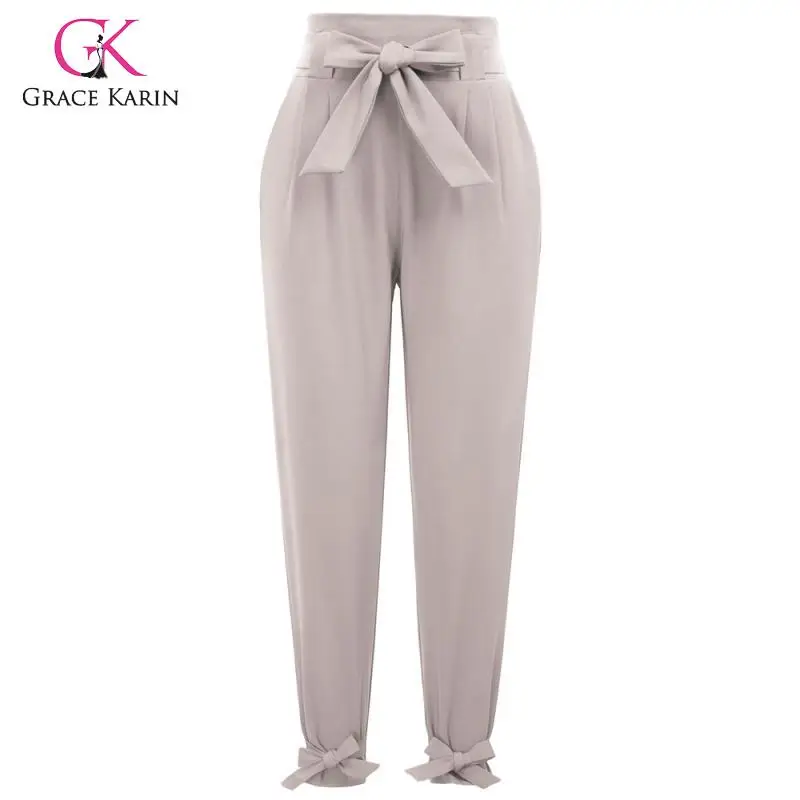 

Womens Casual Solid Color Pants High Waist Belted Slim Cropped Pencil Trousers