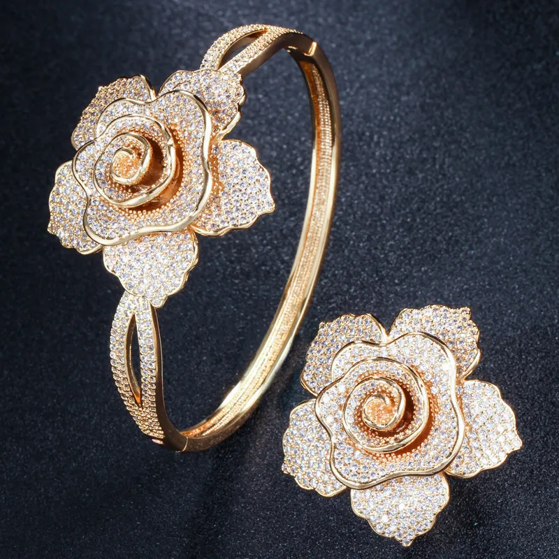

Dazz Luxury Big Rose Flowers Zircon Gold Color Jewelry Set For Women's African Bridal Beautiful Ring Bangle Sets Best Gifts 2019