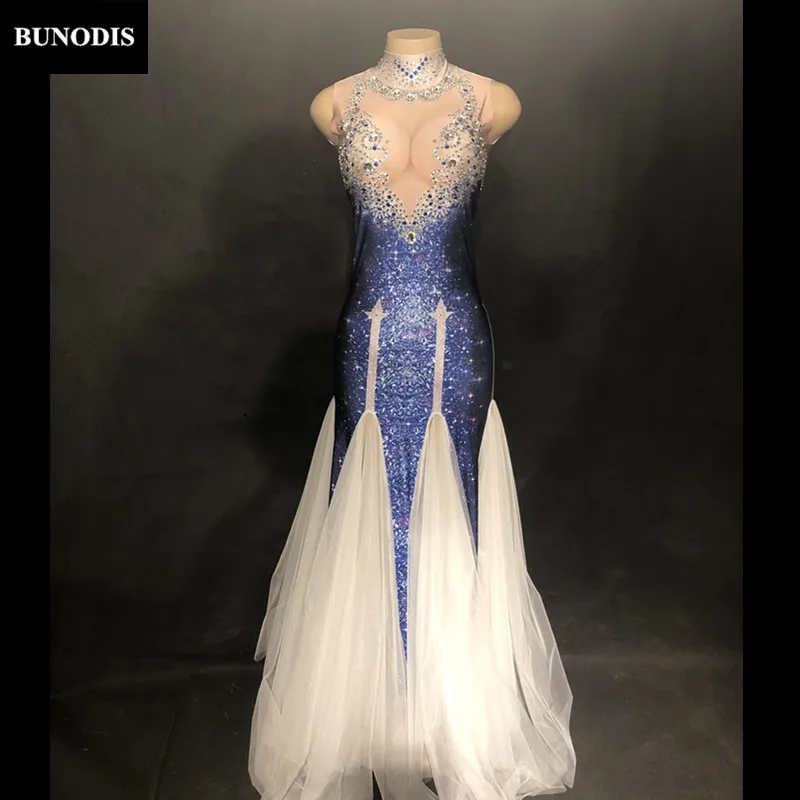 

ZD389 Women Sexy Violet Star Diamond White Net Yarn Long Skirt Sleeveless Sparkling Crystals Clothed Nightclub Party Stage Wear