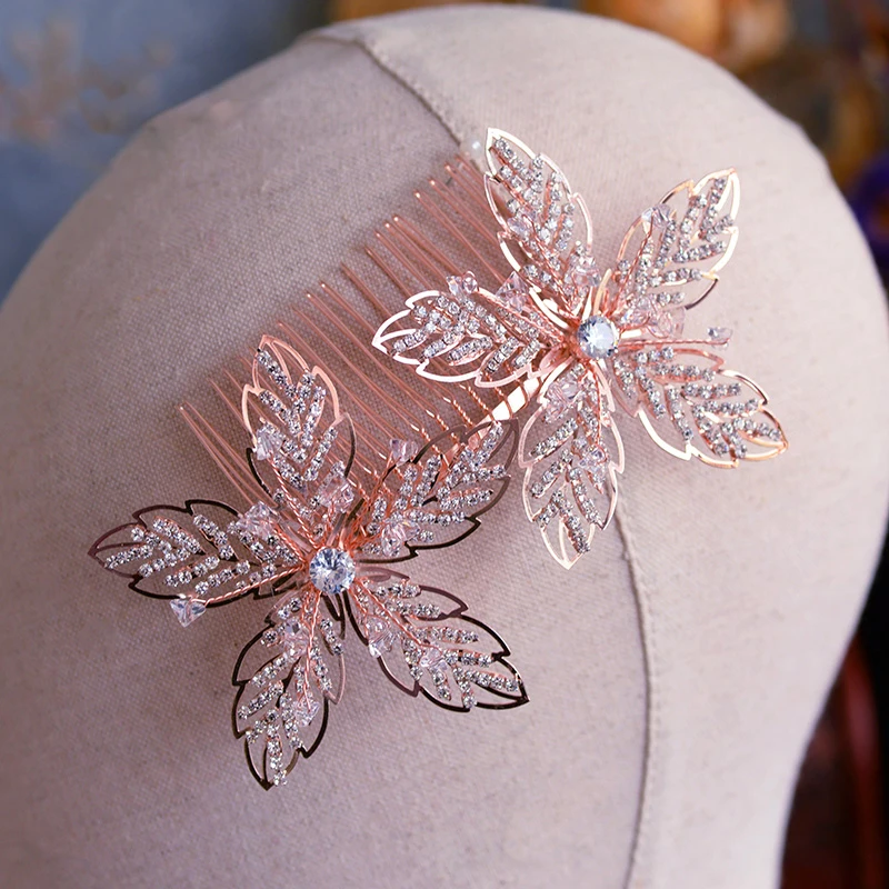 Vintage Rose Gold Wedding Hair Combs Crystal Brides Hair Sticks Bridal