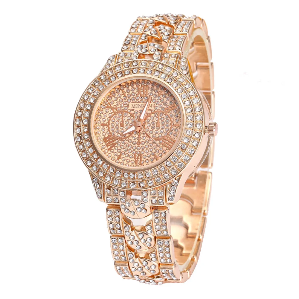 Montre femme marque de Lux женские круглые полностью бриллиантовые часы-браслет Аналоговые кварцевые наручные часы zegarki damskie - Цвет: Розовый