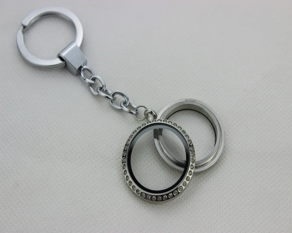 

Round Crystal Screw Living Floating Locket Keychains DIY Stainless Steel Locket Keychain Keyrings 5PCS