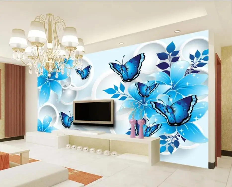blue room wallpapers Blue lily butterfly 3D TV background wall modern living room wallpapers blue room wallpapers Blue lily butterfly 3D TV background wall modern living room wallpapers