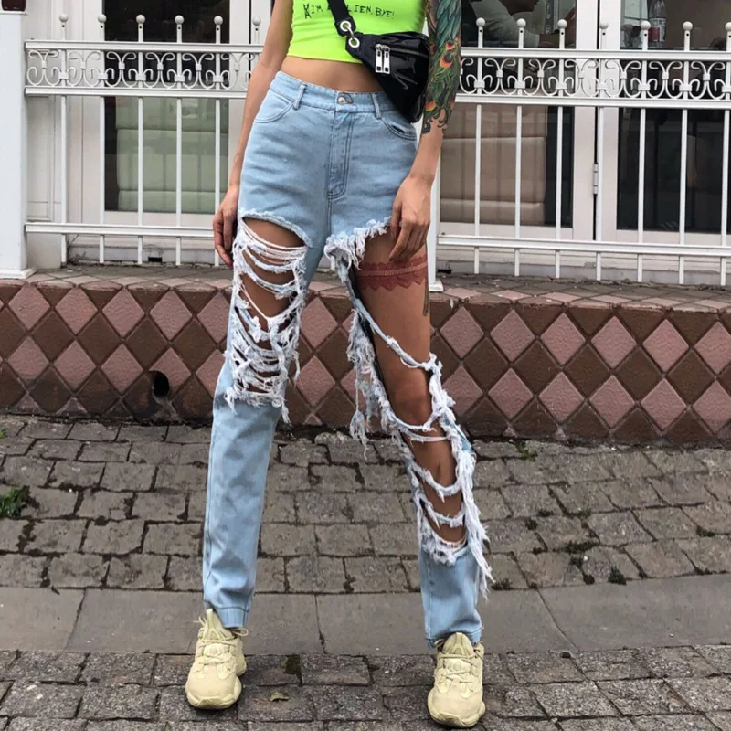 

2019 European American Fashion Women Wear Exaggerated Holes Wild Beggar Pants Personality Wash Water Jeans Trend Women