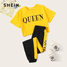 SHEIN/Детская футболка с буквенным принтом для девочек и спортивные штаны с контрастными боковыми вставками, повседневный комплект для детей, г. Летняя одежда для активного отдыха костюм с короткими рукавами, комплекты