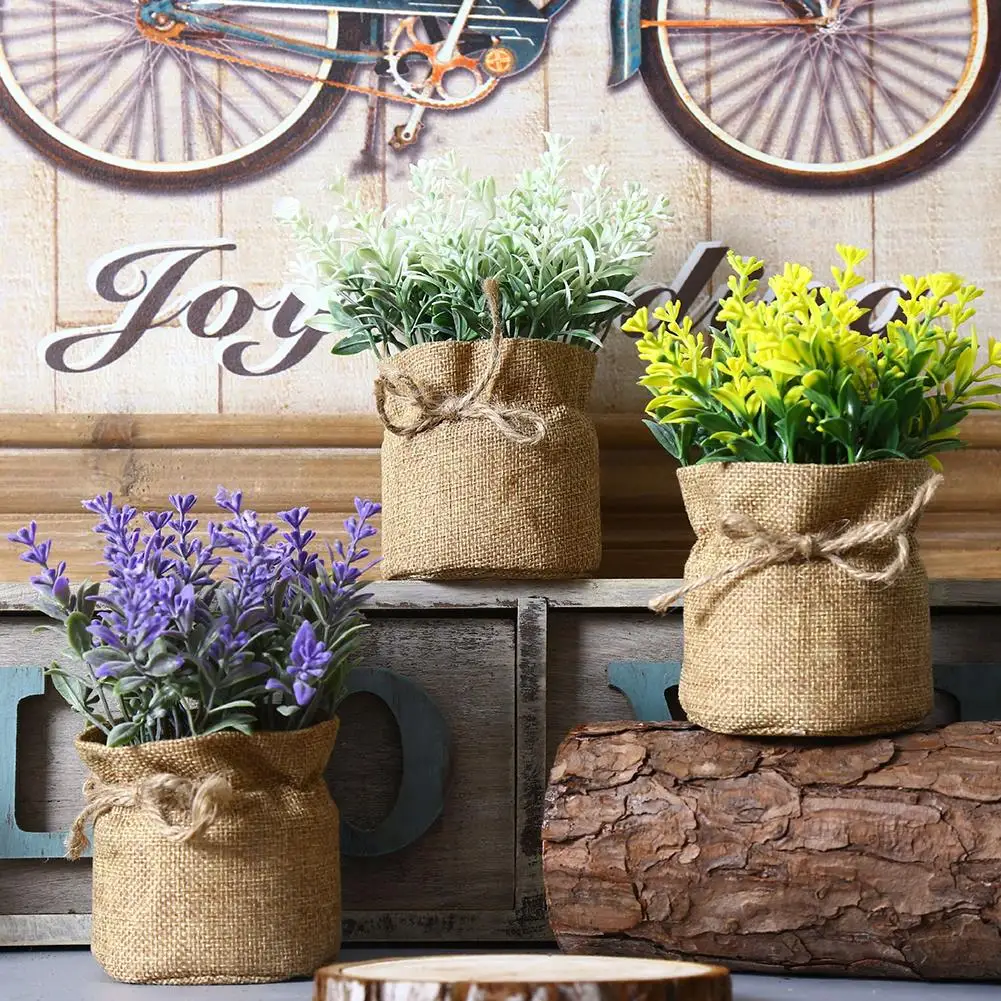 

Creative Rural Plastic Artificial Flowers Bouquet Lavender Potted Plant Bonsai Sack Cloth For Home Party Decorative