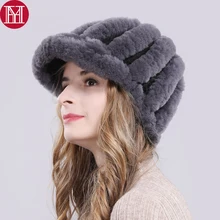 Новинка, настоящий мех кролика, женская зимняя шапка, натуральный настоящий мех кролика, шапка для женщин, вязаная, теплая, натуральный мех, шапки