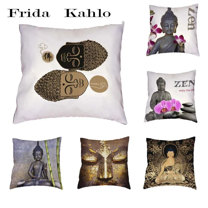 

Classical Buddha Image Cushion Cover Polyester Peach Skin Warm Alphabet Lotus Phalaenopsis Solemn Style Pillow Home Decoration