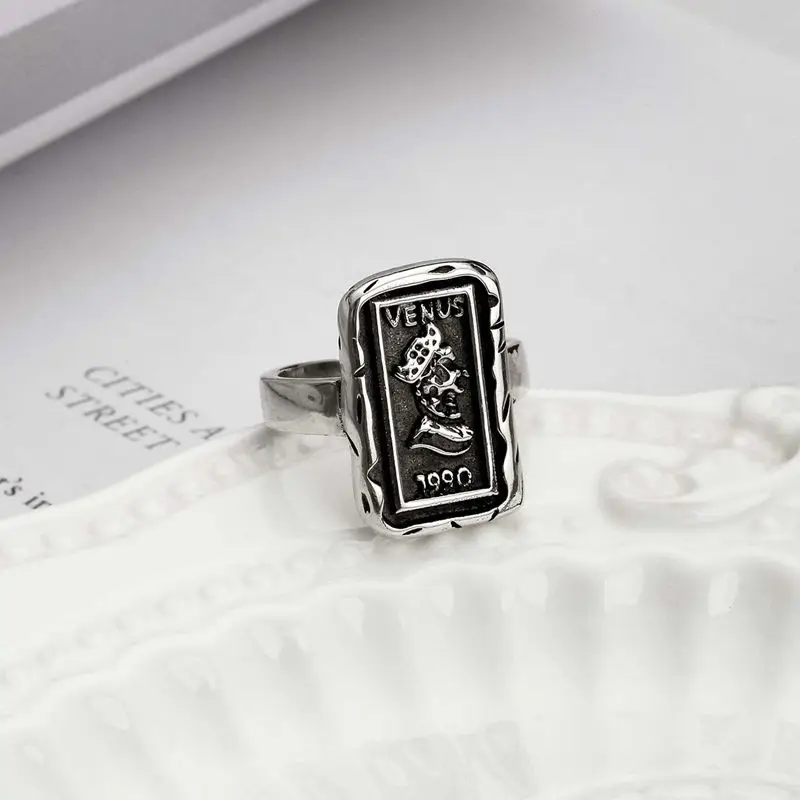 Silvology 925 Sterling Silver Square Figure Rings Vintage Do Old Coin Creative Venus Rings For Women Elegant Korea Jewelry